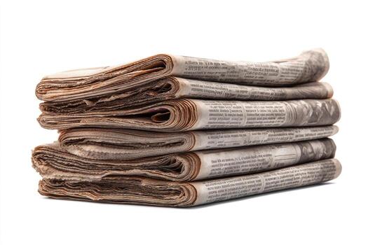A stack of folded newspapers, yellowed with age, resting against a clean white background photo