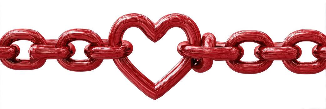 A red heart-shaped link connects a chain. The shiny metallic object lies against a white background photo