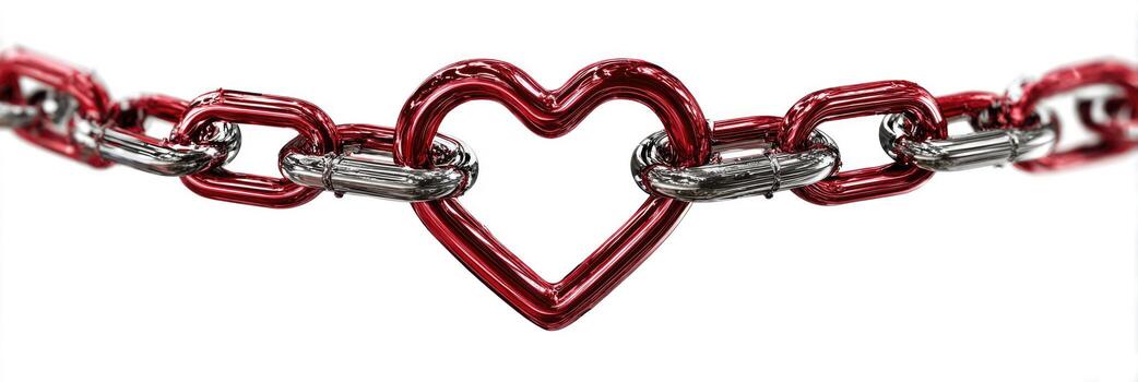 Red metallic chain with a heart shaped link against white. Shading and detail on the metal photo