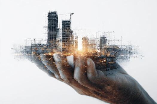 A hand supports an ethereal cityscape with illuminated structures under construction photo