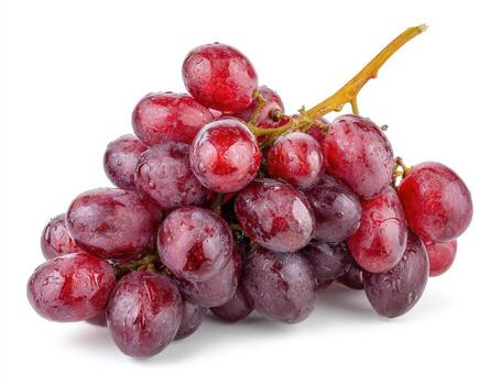 Close-up shot of a bunch of ripe, glossy red grapes with water droplets, against a white backdrop photo