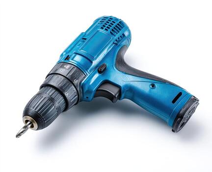 A close-up of a blue and black cordless drill with a drill bit, isolated on white photo