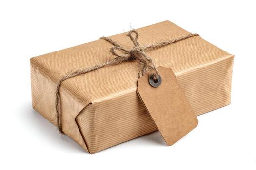 A wrapped rectangular parcel in brown paper, tied with twine, and a hanging tag photo
