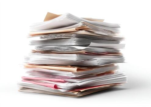 A towering stack of paper, overflowing with files, documents, and notes, on a white surface photo