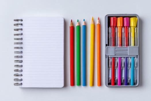 Overhead view spiral notebook, aligned colored pencils, and opened pencil case with various writing tools photo