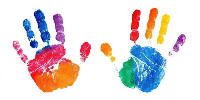 Two handprints, side by side, colored with a rainbow of hues, set against a white background photo