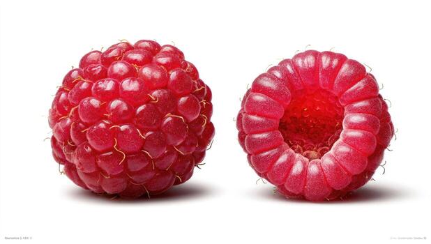 Close-up of two ripe raspberries one whole and one halved, against a white background photo