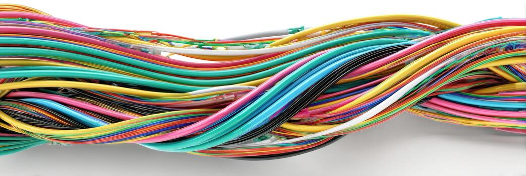 Close-up of colorful insulated electrical wires intertwined, creating a wavy pattern photo