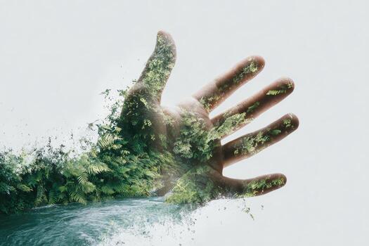 A hand merges with vegetation, suggesting nature's embrace or integration of natural elements photo