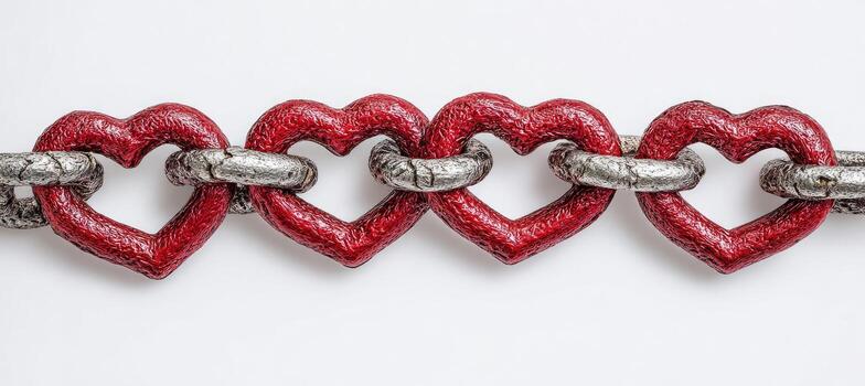 A chain of red heart-shaped links, connected with silver metal on a plain white background photo