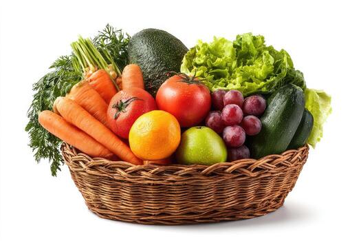A woven basket overflows with colorful, fresh produce against a clean white background photo