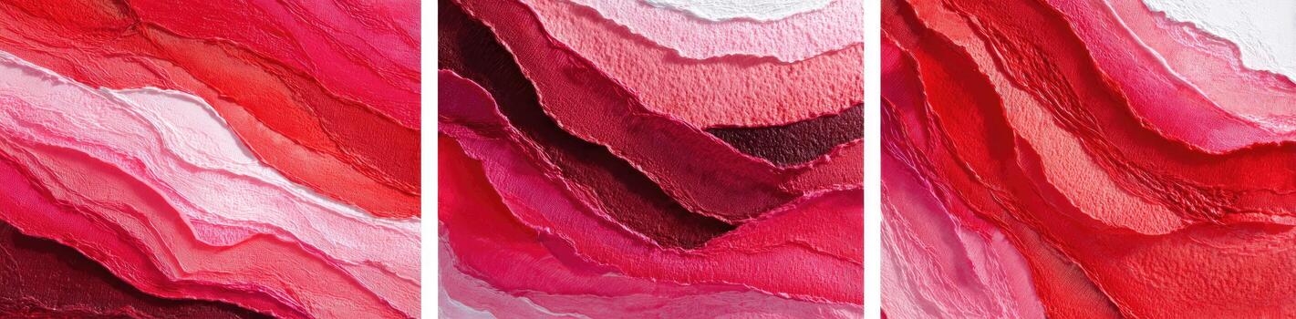 Triptych art with layered, wavy paper in shades of red, from light pink to dark burgundy photo