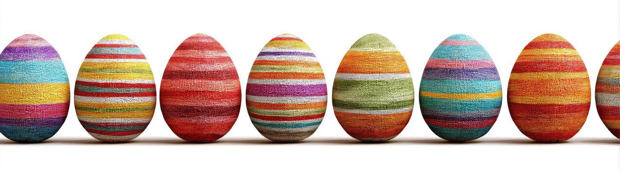 Seven colorful, striped eggs sit in a row against a white background photo