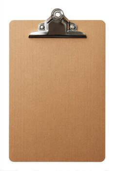 A vertically-oriented, plain brown clipboard with a metallic clip, isolated on white photo