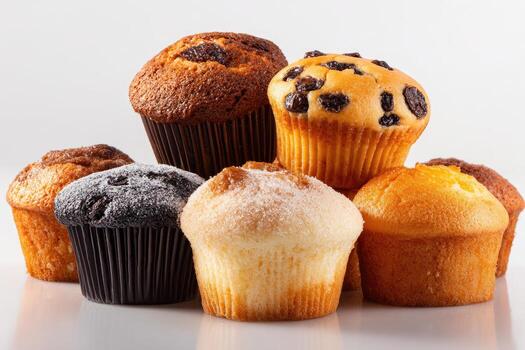 Seven assorted, golden-brown muffins in various shapes, sizes, and toppings against a white backdrop photo