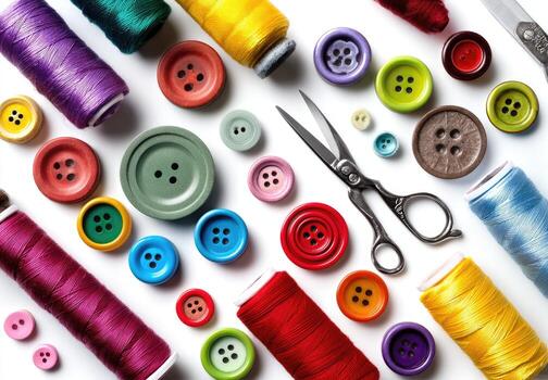clasificado de coser suministros, incluso vistoso hilo carretes, botones, y tijeras en un blanco superficie foto
