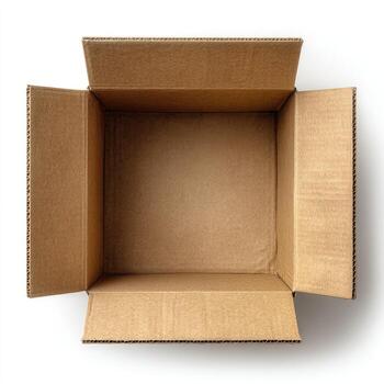 An open, empty brown cardboard box from a top-down angle against a white background photo