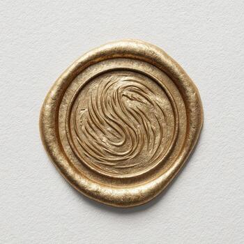 A close-up shot of a gold-colored wax seal with a swirling, curved design on a textured white surface photo
