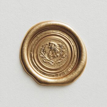 Close-up of a gold-colored, circular wax seal with an embossed design against a plain, textured background photo