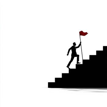 Silhouette of a man reaching a flag atop stairs, signifying achievement photo