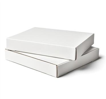 Two white cardboard boxes stacked on top of each other, casting shadows, against a white backdrop photo