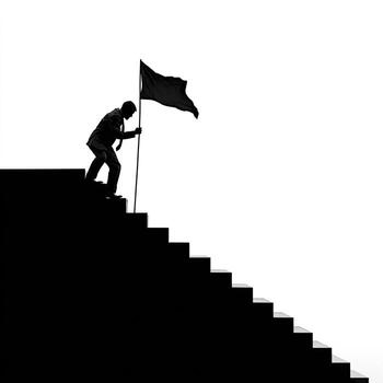 Silhouette of a person reaching the top of stairs and planting a flag. A monochrome image photo