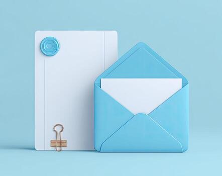 Composition of stationery. Blank sheet, envelope with note, binder clip, wax seal. Minimalist design photo