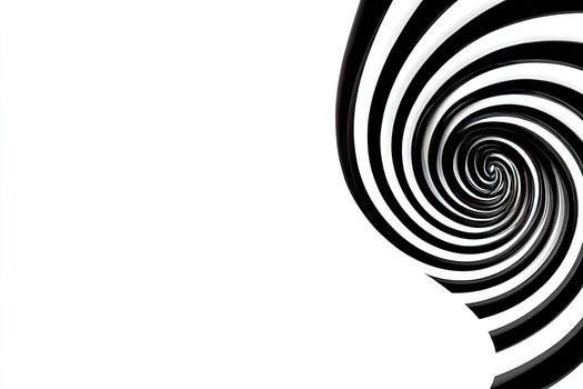 A black and white spiral, seemingly three-dimensional, curves against a stark white background photo