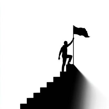 Silhouette of a person on steps, reaching the top to plant a flag, on white background photo