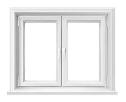 A white double-pane window, centered, with frame and sill against a white background photo