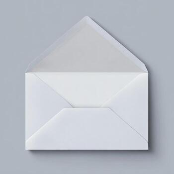 Overhead shot of open white envelope on a grey backdrop, shadows visible photo