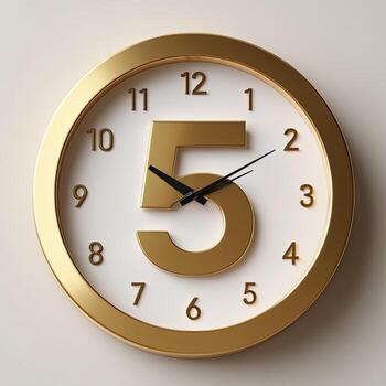 Golden clock showing five o'clock, with white face and serif numerals, on light background photo