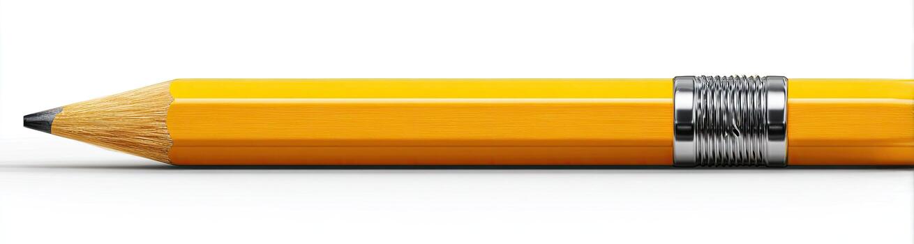 A yellow pencil with a metallic eraser holder and graphite tip is shown horizontally photo