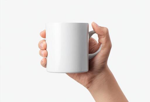 Hand holding a plain white mug, isolated against a white background. Clean lines and focus photo