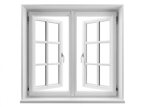 Image depicts an open, white double-hung window with six panes on each sash, against a white background photo