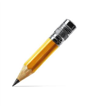 A yellow pencil with a silver eraser and a sharpened tip, isolated on a white background photo