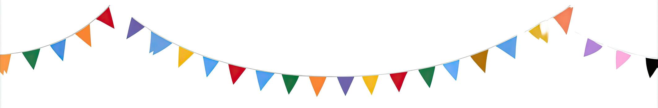 A festive string of colorful triangle flags, spanning a gentle curve against a white backdrop photo