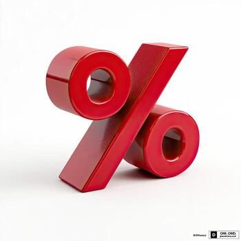 A glossy, red, three-dimensional percentage symbol isolated against a clean white background photo