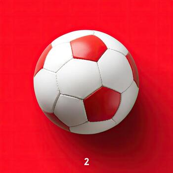 A soccer ball, white and red, centered on a vivid red surface, top-down perspective photo