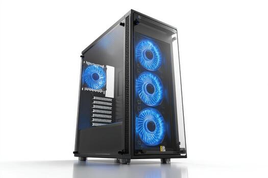 Modern, black desktop computer case with clear side panel showcasing glowing blue internal fans photo