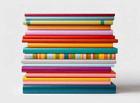 A stack of colorful books, various colors, with visible spines and clean white background photo