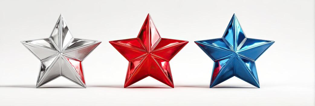 Shiny, metallic star shapes in silver, red, and blue, placed horizontally on a white background photo