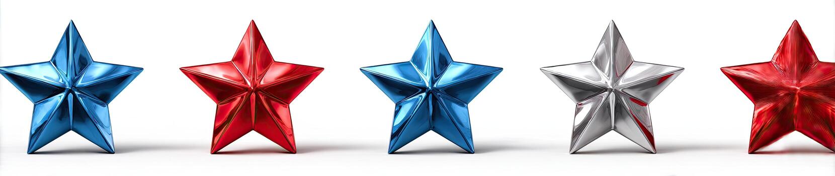 Five shiny, five-pointed stars in blue, red, and silver, with white background photo