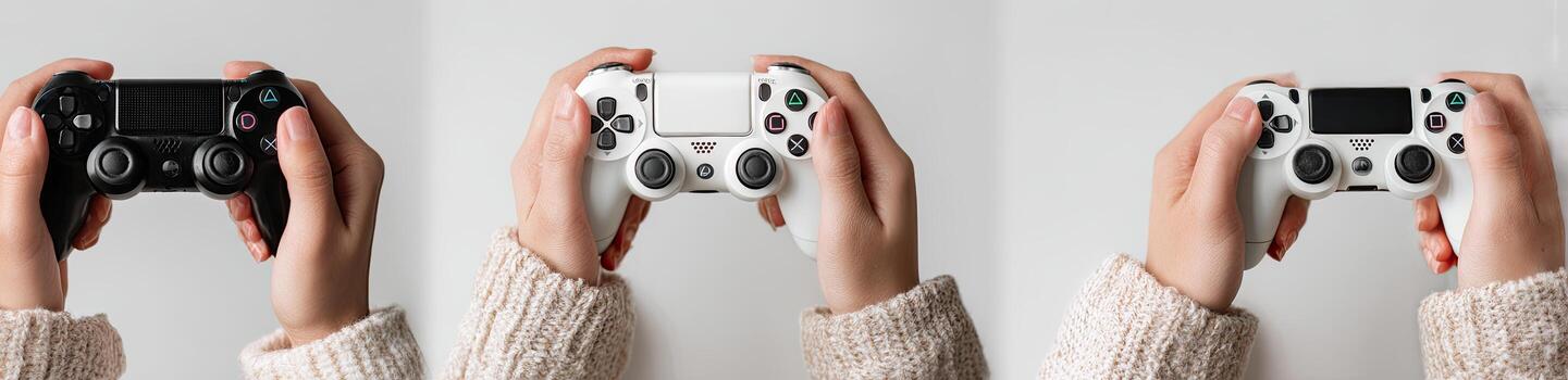 A triptych showing hands holding a black and two white controllers, against a white background photo