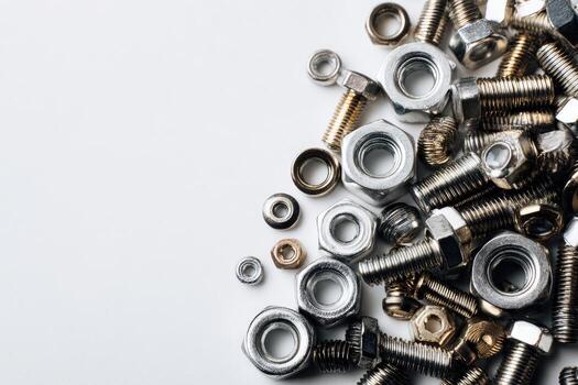 Close-up of hardware various bolts, nuts, washers, and screws on a white surface photo