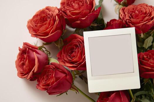 Crimson roses surround a blank photo frame on a white surface