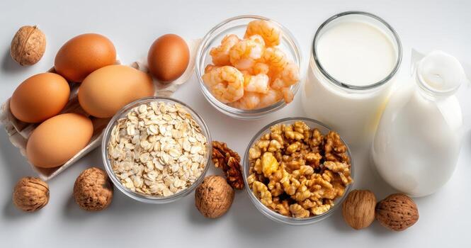 Assorted food items, known allergens, arranged in bowls and a glass, against a white backdrop photo