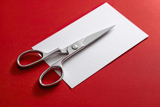 Shiny scissors open on a crisp white paper against a vibrant red background photo