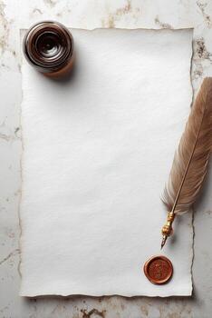 An old paper with a quill and ink pen on top of it photo