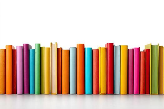 Row of vibrantly colored books against a clean white background, spines visible photo